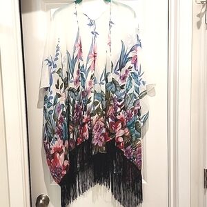 Boho chiffon floral kimono with black fringe one size plus